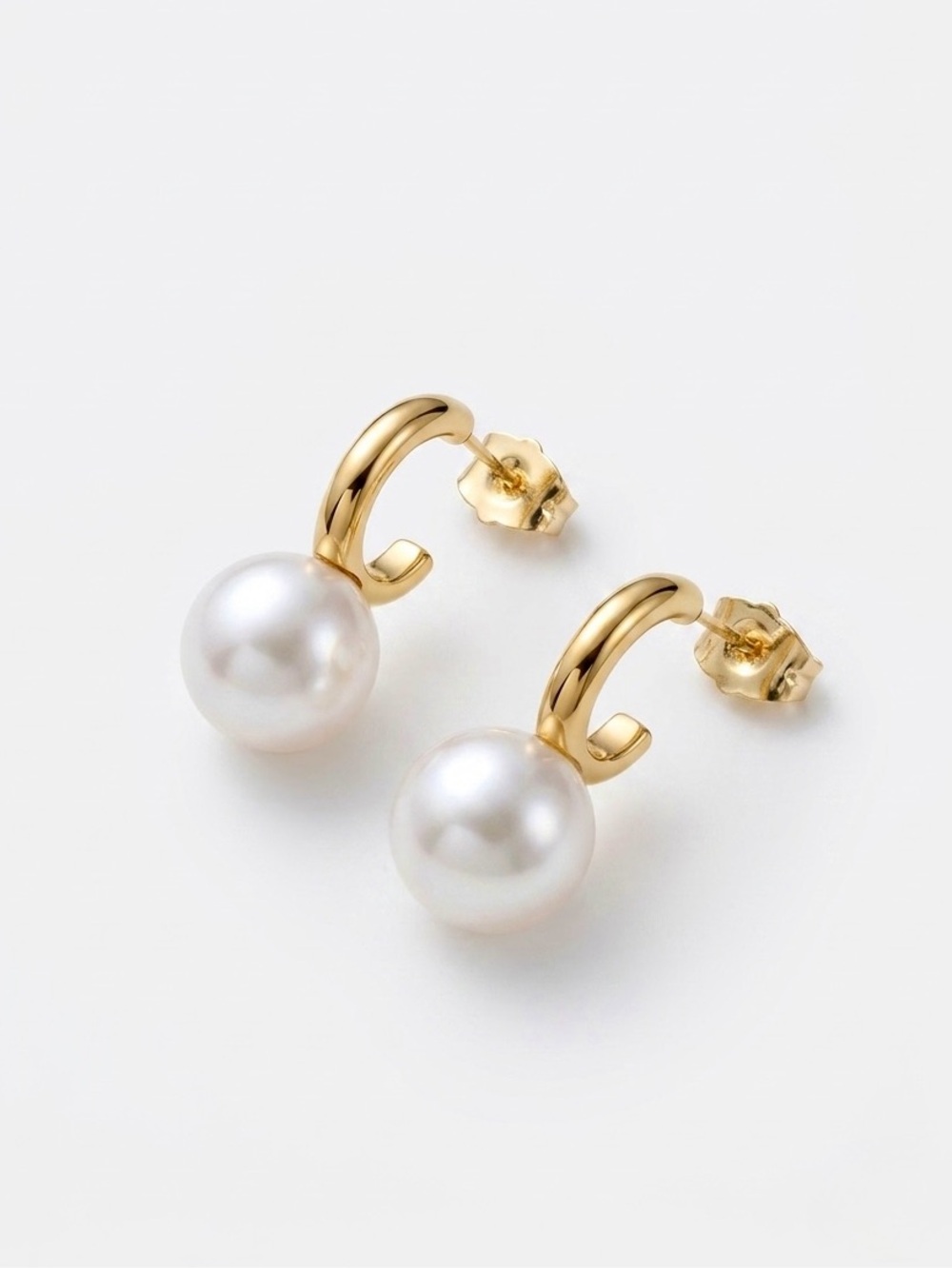 14K Gold Plated Pearl Drop C Hoop Stud Earrings | Elegant White Pearl Jewelry